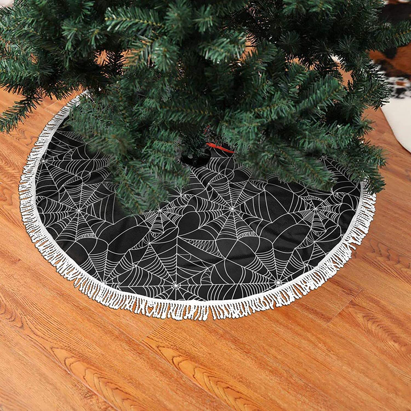 FREEHOTU Halloween Spider Web Christmas Tree Skirt 30" Gorgeous Edge Tassel Lace for Xmas Ornaments Decoration