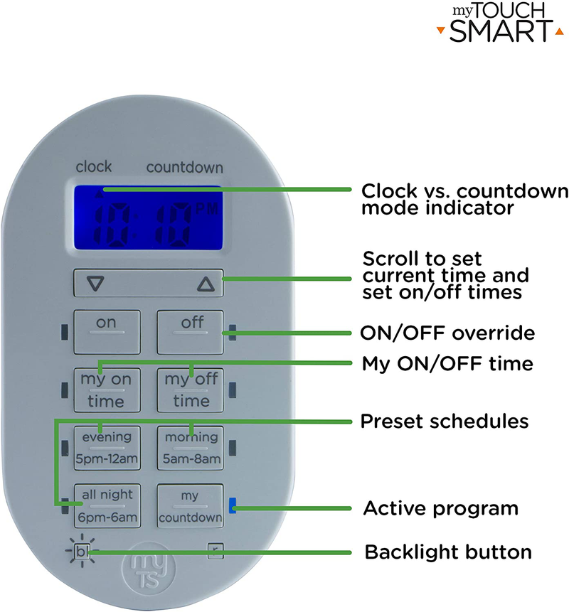 myTouchSmart Wireless Programmable Indoor Digital Timer with Remote, Plug-in, 1 Outlet Polarized, 2 Custom On/Off Times, 24 Hour Countdown, 3 Daily Preset Options, Backlit Display, 35166, White Home & Garden > Lighting Accessories > Lighting Timers myTouchSmart   
