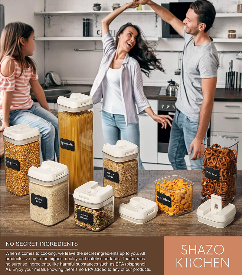 Shazo Airtight Container Set for Food Storage - 7 Piece Set + Heavy Duty Plastic - BPA Free - Airtight Storage Clear Plastic W/White Interchangeable Lids Kitchen Counter Storage Bin -18 Labels+Marker Home & Garden > Kitchen & Dining > Food Storage Shazo   