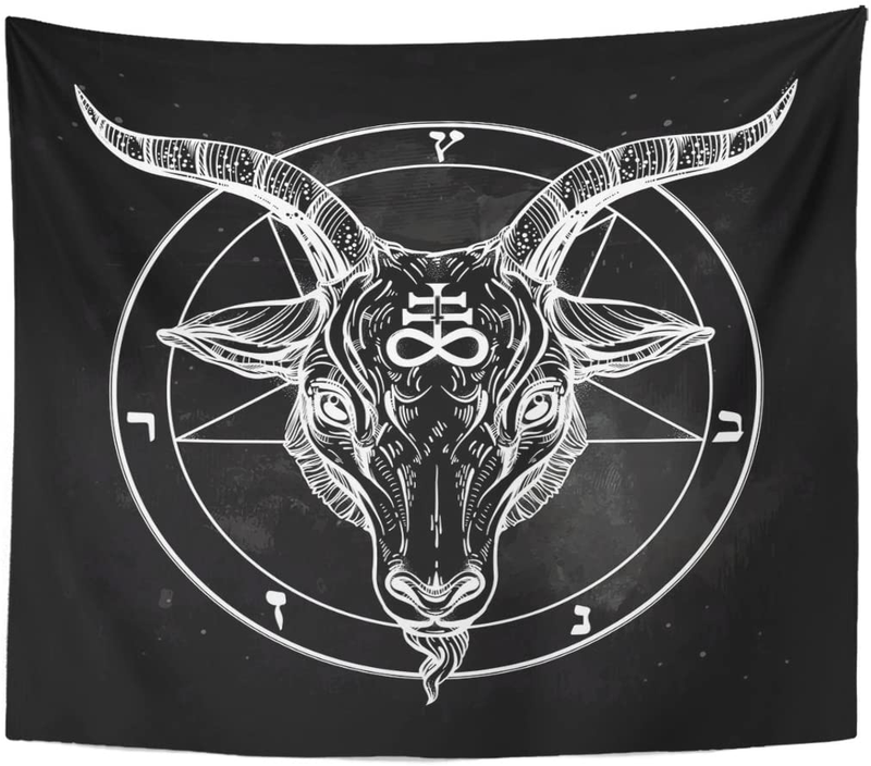 Emvency Tapestry Pentagram with Demon Baphomet Satanic Goat Head Binary Symbol Tattoo Retro Music Summer for Biker Black Home Decor Wall Hanging for Living Room Bedroom Dorm 60x80 Inches Home & Garden > Decor > Artwork > Decorative Tapestries Emvency 50" x 60"  