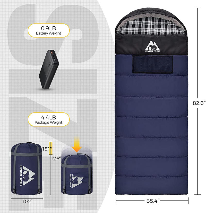KINGS TREK Sleeping Bag Heated with Battery Pack & Compression Bag, Waterproof Lightweight Sleeping Bag for Camping, Backpacking, Hiking (Black, Blue & Purple)