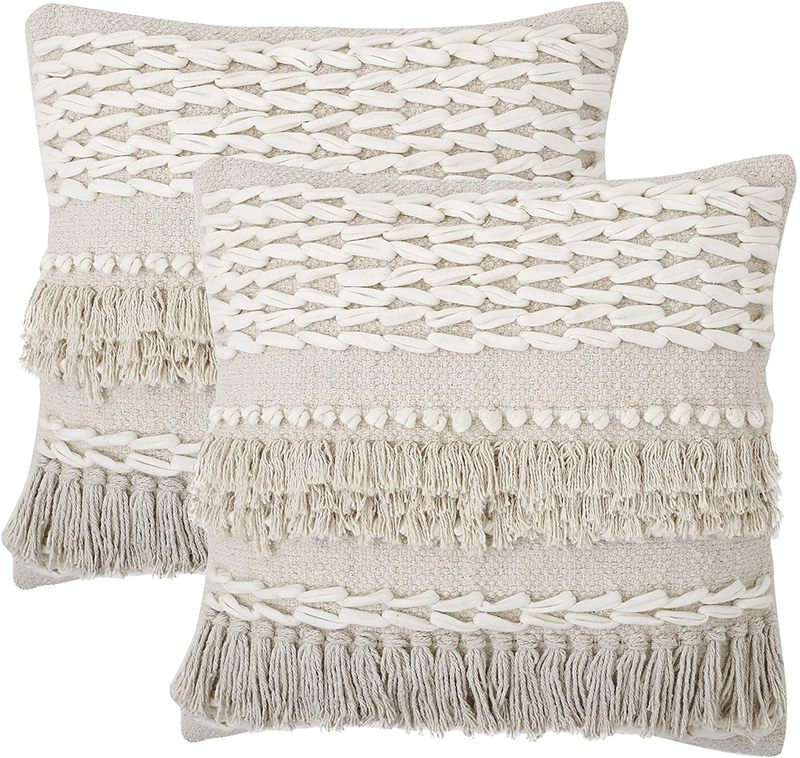 REDEARTH Tufted Throw Pillow Cushion Covers-Boho Textured Woven Decorative Cases Set for Couch, Sofa, Bed, Farmhouse, Chair, Dining, Patio, Outdoor, Car; 100% Cotton (18X18; Natural) Pack of 2 Home & Garden > Decor > Chair & Sofa Cushions REDEARTH Contructed Frill Natural 18 x 18-Inch 
