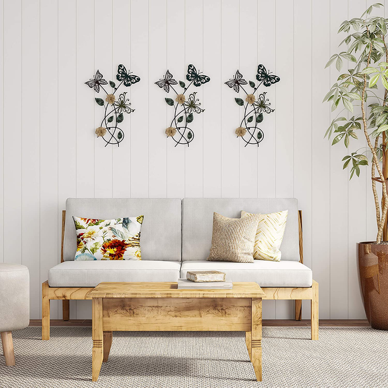 Lavish Home Garden Metal Wall Art Hand Painted 3D Butterflies/Flowers for Modern Farmhouse Rustic Home or Office Decor, 15” L x 2” W x 24” H, Multicolor