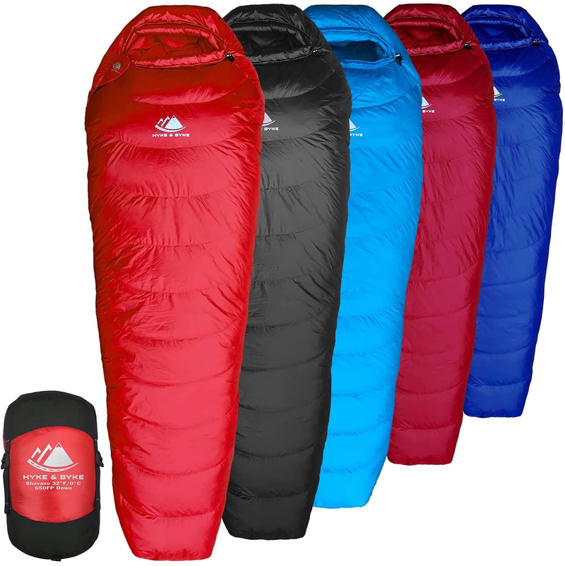 Hyke & Byke Shavano 650 Fill Power Duck down 32 Degree Backpacking Sleeping Bag for Adults Cold Weather Sleeping Bag - Synthetic Base - Ultra Lightweight 3 Season Camping Sleeping Bags for Kids Too  Hyke & Byke Red Long 