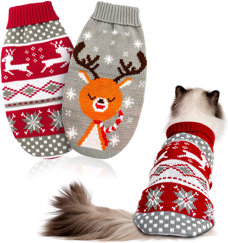 HYLYUN Cat Christmas Sweater 2 Packs - Puppy Christmas Sweater Pet Reindeer Snowflake Sweaters for Kittys and Small Dogs Animals & Pet Supplies > Pet Supplies > Cat Supplies > Cat Apparel HYLYUN X-Small（Pack of 2）  