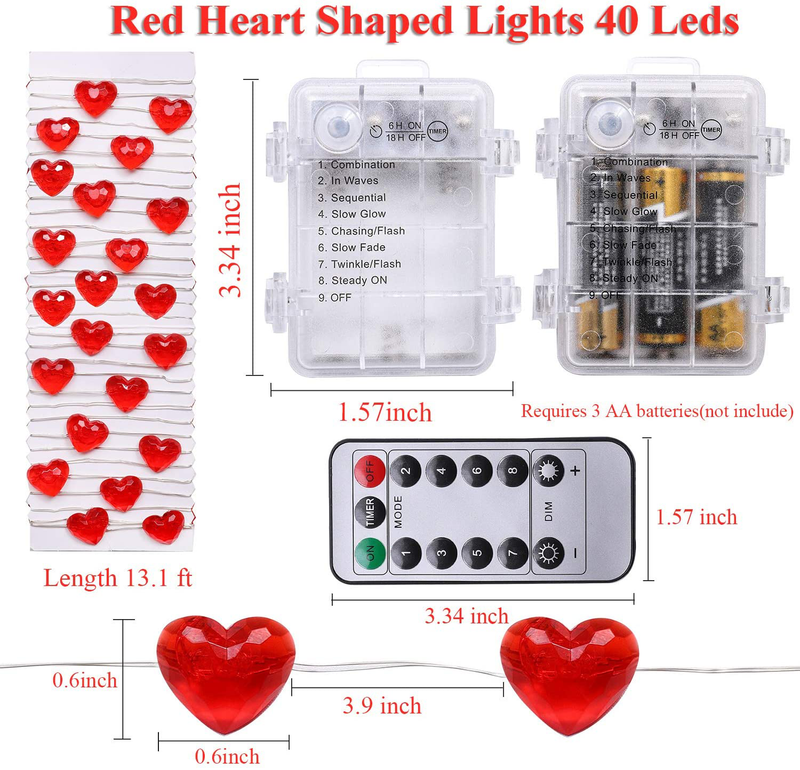 Cooraby 13.1 Feet 40 Heart Shaped LED String Lights Twinkle Fairy Lights Battery Operated with 8 Flash Modes, Remote and Timer for Indoor Outdoor Party Wedding Valentine'S Day Mother'S Day Decor Home & Garden > Decor > Seasonal & Holiday Decorations Cooraby   
