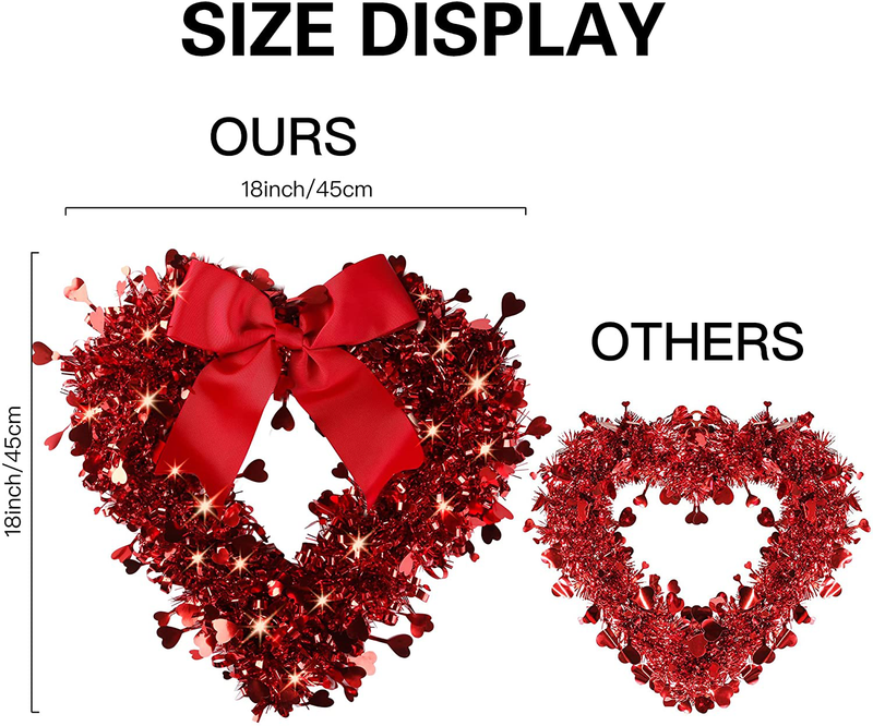 Sggvecsy 18’’ Tinsel Heart Shaped Wreath Red Heart Wreaths Valentine'S Day Heart Wreath with Red Bow LED Lights for Front Door Wedding Party Anniversary Wall Gift for Girlfriend Mother’S Day Decor
