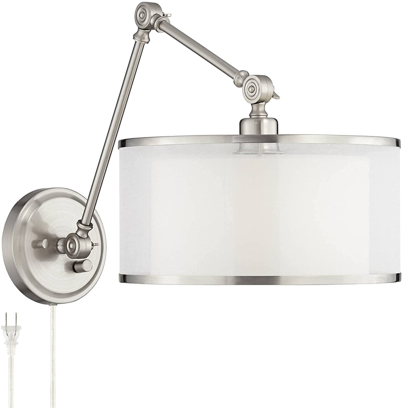 Taliah Modern Swing Arm Wall Lamp Brushed Nickel Plug-In Light Fixture Organza off White Fabric Drum Double Shade Bedroom Bedside House Reading Living Room Home Hallway Dining - Possini Euro Design Home & Garden > Lighting > Lighting Fixtures > Wall Light Fixtures KOL DEALS   