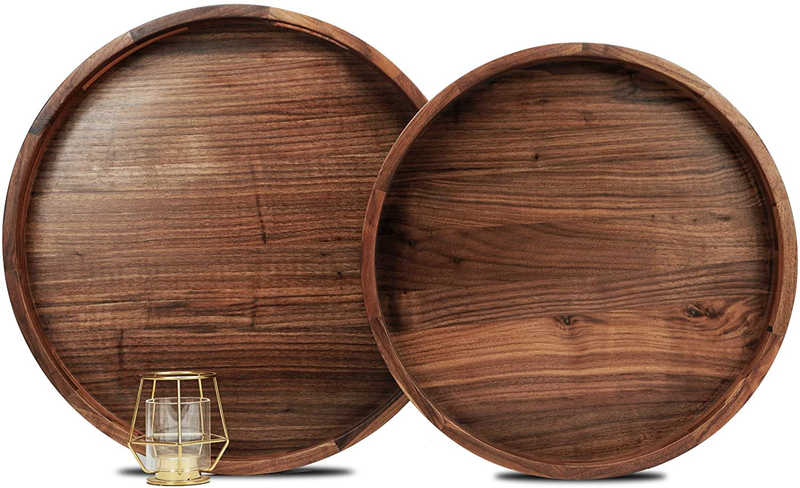 MAGIGO Set of 2 Large Round Black Walnut Wood Ottoman Tray with Handles, Serve Tea, Coffee, Classic Wooden Decorative Serving Tray, 16 &18 inches