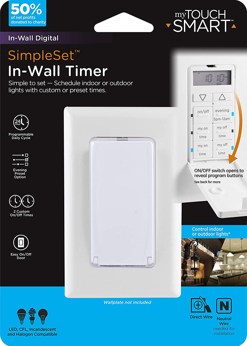 myTouchSmart 24-Hour in-Wall Digital Timer, 4 Programmable Easy On/Off Buttons, Daily Cycle, Simple Setup, Battery Backup, for Indoor/Outdoor Lights, Fans, 26893, 1, 2 Custom On/Off Home & Garden > Lighting Accessories > Lighting Timers myTouchSmart 24-Hours Daily  