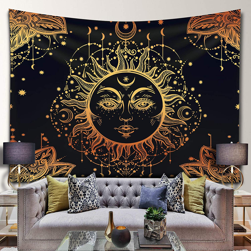 Sun and Moon Tapestry Wall Hanging Black and Golden Psychedelic Tapestries for Bedroom Decor Mystic Mandala Indie Dorm Aesthetic Decorations (Polyester, 59.1" X 78.7") Home & Garden > Decor > Artwork > Decorative Tapestries APKOL   