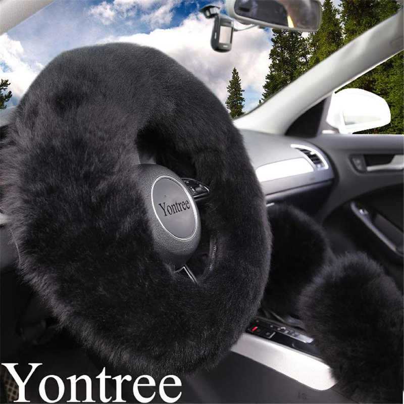 Yontree Fashion Fluffy Steering Wheel Covers for Women/Girls/Ladies Australia Pure Wool 15 Inch 1 Set 3 Pcs (Black) Vehicles & Parts > Vehicle Parts & Accessories > Vehicle Maintenance, Care & Decor > Vehicle Decor > Vehicle Steering Wheel Covers Yontree   