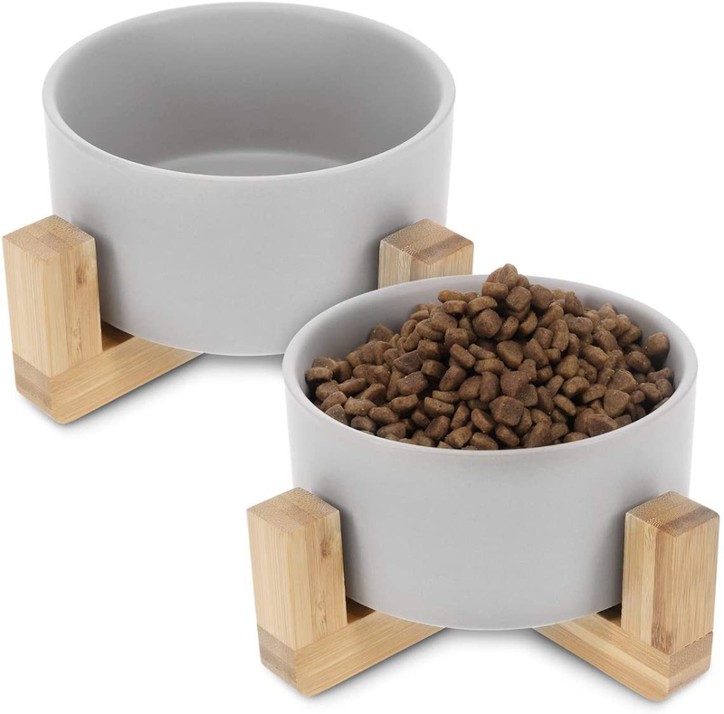 Navaris Ceramic Elevated Cat Bowls - Raised Double Food and Water Bowl Set for Cats and Small Dogs with Wood Stands - No Spill Eco Friendly Pet Bowls Animals & Pet Supplies > Pet Supplies > Cat Supplies KW-Commerce Grey Small (Pack of 1) 