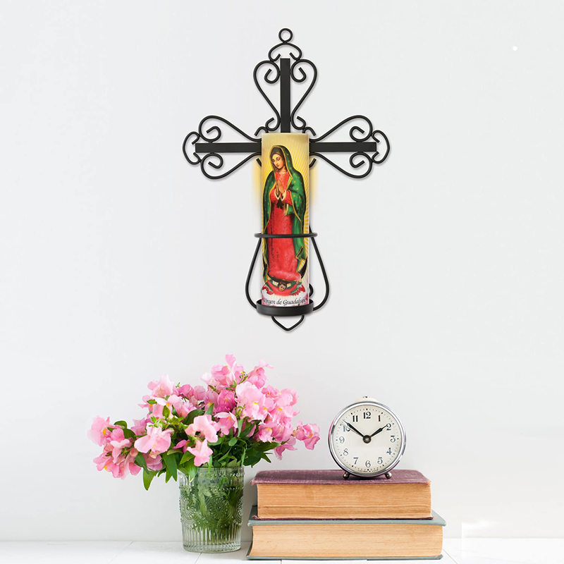 Stonebriar Decorative Scrolled Metal Cross Wall Sconce with Lady of Guadalupe LED Candle, Religious Gift Ideas for Friends and Family Home & Garden > Decor > Home Fragrance Accessories > Candle Holders Stonebriar   