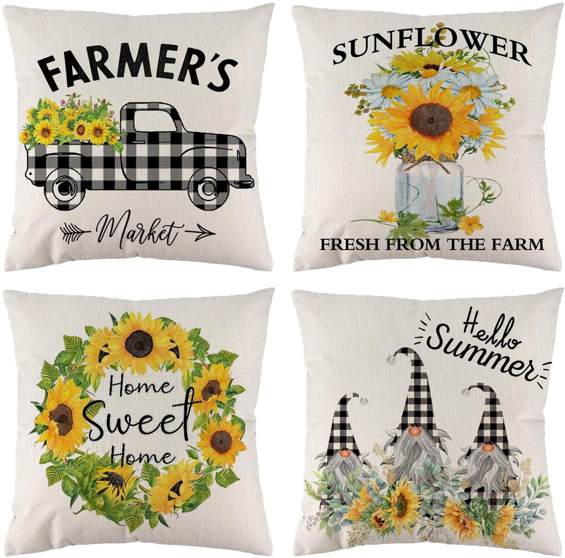 DFXSZ Summer Pillow Covers 18x18，Summer Decorations， Farmhouse Pillow Covers，Sunflower Truck Buffalo Dwarf Garland Flower Throw，Linen Cushion Case for Summer Home Decor
