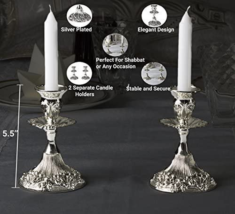 Ner Mitzvah Silver Plated Candlesticks - 2 Pack Set - Pair of 5 Inch Ornate Candle Holders with Round Base and Floral Design