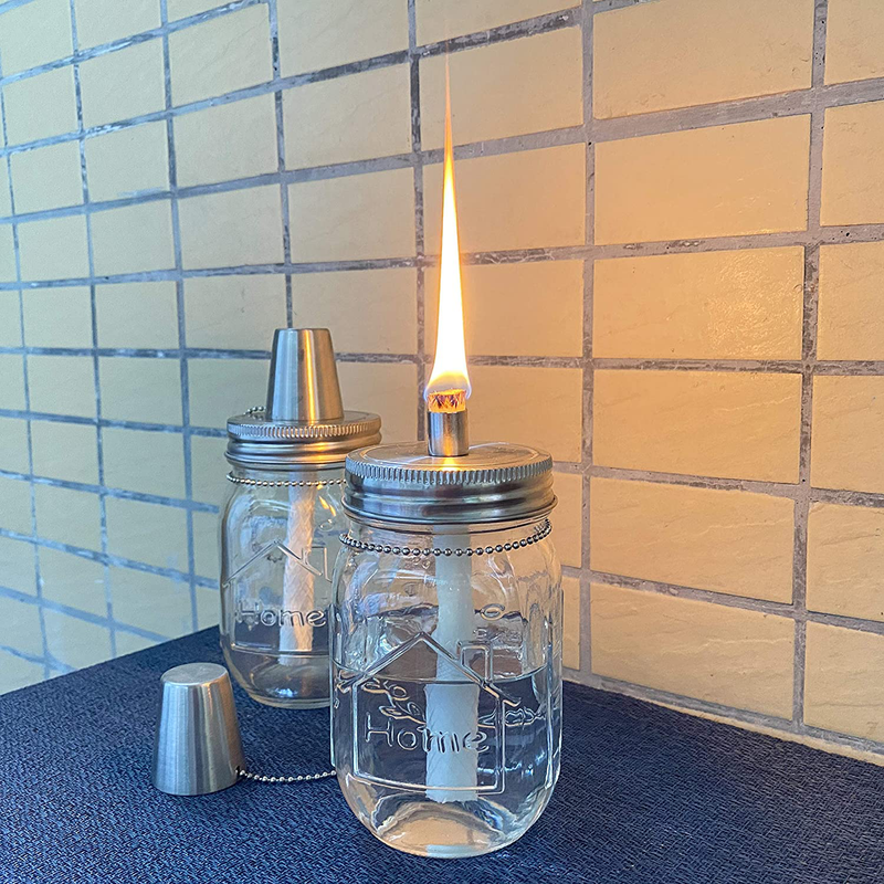Mason Jar Tabletop Torch Kits,4 Pack Longlife Fiberglass Wicks,Stainless Steel Mason Jar Lids Caps Included,Outdoor Deck Oil Lamp Torch
