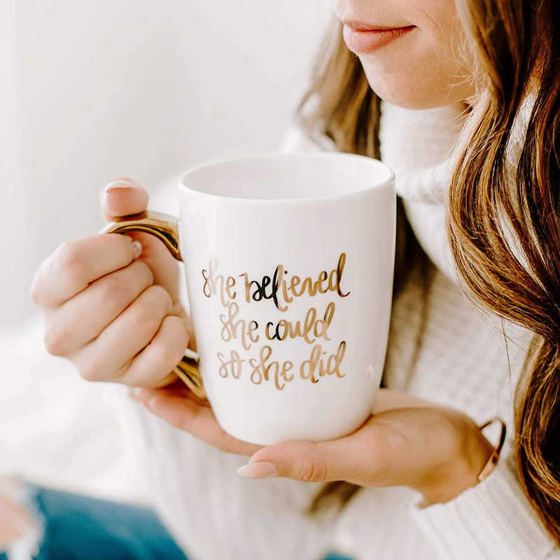 Sweet Water Decor Cute Coffee Mugs with Golden Handle, 16oz China Coffee Cup with Motivational Quote, Embellished with Real Gold & Microwave Safe, Inspirational Mug (She Believed She Could) Home & Garden > Decor > Seasonal & Holiday Decorations Sweet Water Décor   