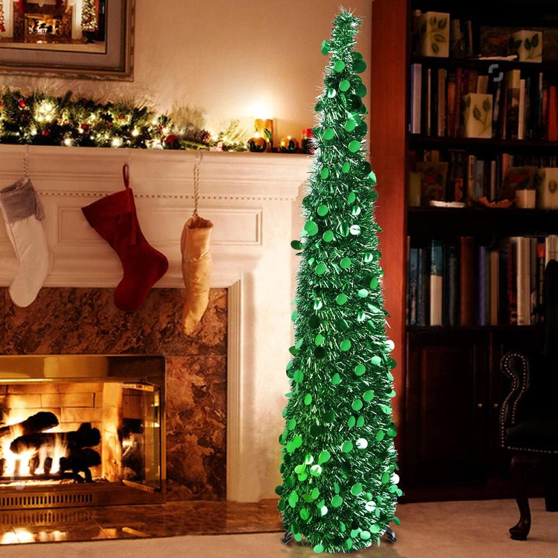 PartyTalk 5ft Pop Up Christmas Tree with Stand, Green Tinsel Collapsible Artificial Christmas Tree for Holiday Christmas Home Decorations