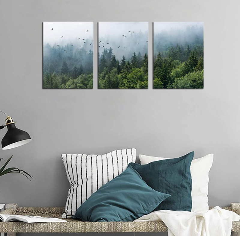 Green Forest Wall Art Tropical Virgin Forest Mountain Bird Contemporary Canvas Pictures Modern Artwork Framed for Bathroom Bedroom Nursery Living Room Home Office Kitchen Wall Decor 12" X 16" 3 Pieces Home & Garden > Decor > Artwork > Posters, Prints, & Visual Artwork tigeridge   