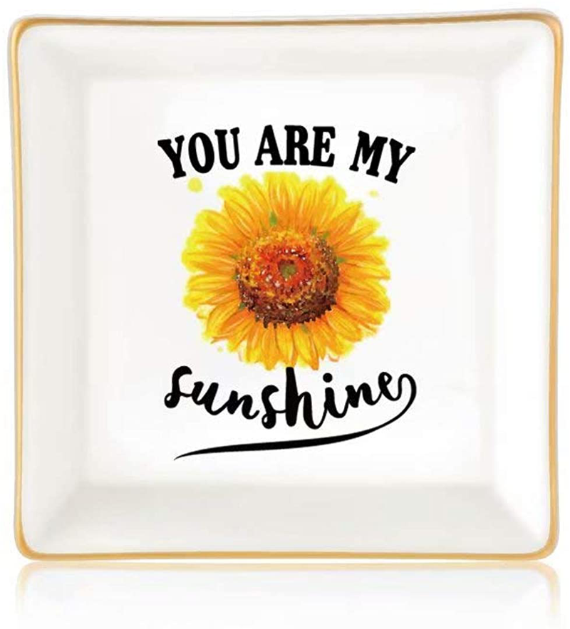Gifts for Women Girls, Ceramic Ring Dish Decorative Trinket Plate Initial Jewelry Tray Dish, Mothers Day Valentines Gifts for Her Grandma Mom Daughter Sister Friend Birthday Home & Garden > Decor > Decorative Trays Giftjews You are my sunshine  