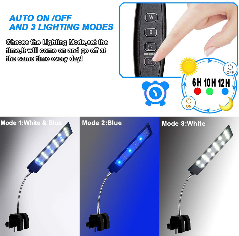 MingDak Fish Tank Clip on Light with Inline Timer, Clamp Aquarium Light with White & Blue LEDs, 3 Lighting Modes, Dimmable, 7W, 18 LEDs Animals & Pet Supplies > Pet Supplies > Fish Supplies > Aquarium Lighting MingDak   