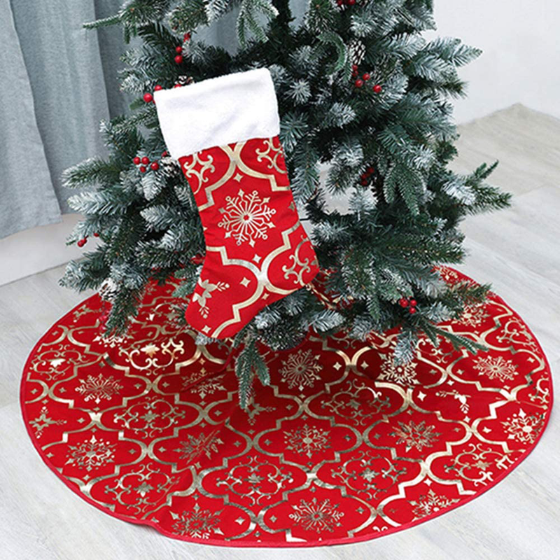 Snowflake Christmas Tree Skirt - 48 inch Luxury Red/Gold Gilded Large Xmas Tree Skirts with Merry Christmas Stocking for Happy New Year Party Holiday Decorations Ornaments (red)
