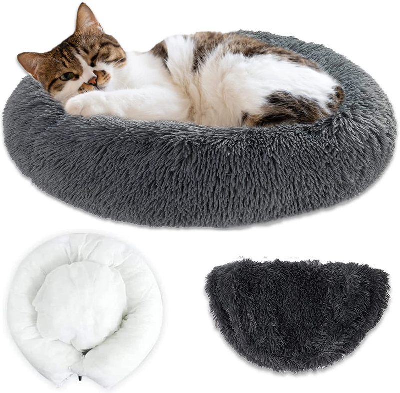 Momopal Donut Dog Bed,Anti-Anxiety Calming round Pet Bed for Dog Cat,Washable Faux Fur Dog Beds& Furniture for Small Medium Large Dogs Cats Animals & Pet Supplies > Pet Supplies > Cat Supplies > Cat Beds MoMoPal Grey X-Small-20" 