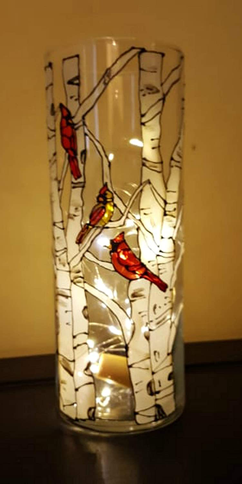 Red Cardinal Bird Birch Tree Hand Painted Glass 9 Inch Cylinder Flower Vase Home & Garden > Decor > Vases Atkinson Creations Default Title  