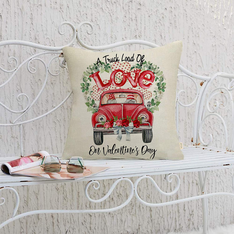 Fjfz Valentines Day Farmhouse Decorative Throw Pillow Cover Vintage Red Truck Gnomes Sign Loads of Love Roses Lovers Holiday Decoration Home Décor Cotton Linen Cushion Case for Sofa Couch 18" X 18" Home & Garden > Decor > Seasonal & Holiday Decorations Fjfz   