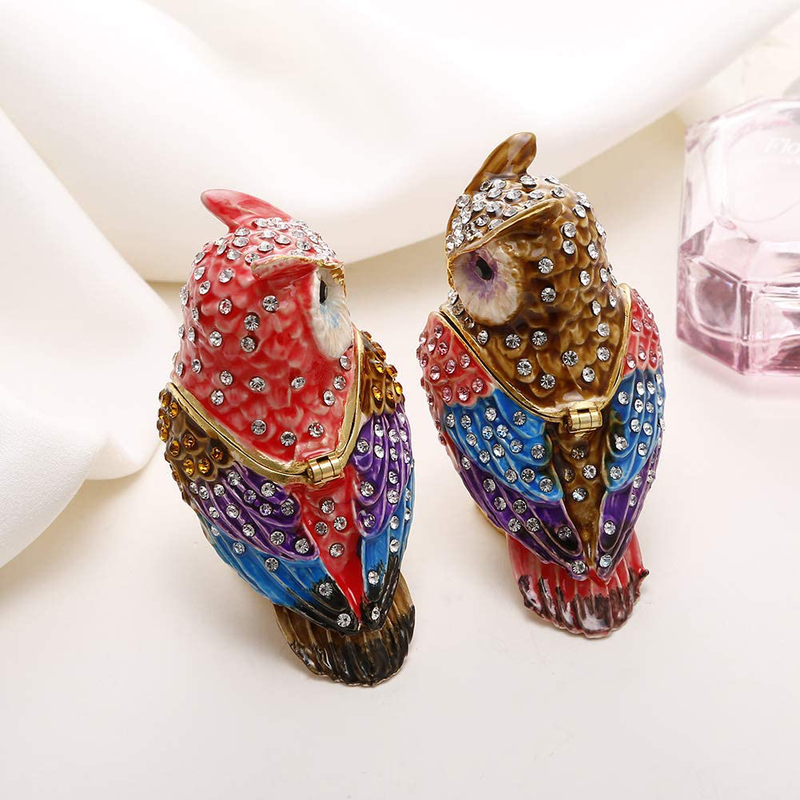 Hand Painted Couple Owl Trinket Box, Hinged Enameled Jewelry Box, Unique Mini Ring Earrings Jewelry Organizer, Vintage Bejeweled Storage, Figurine Collectible Keepsake Home Decor (Couple Owl)