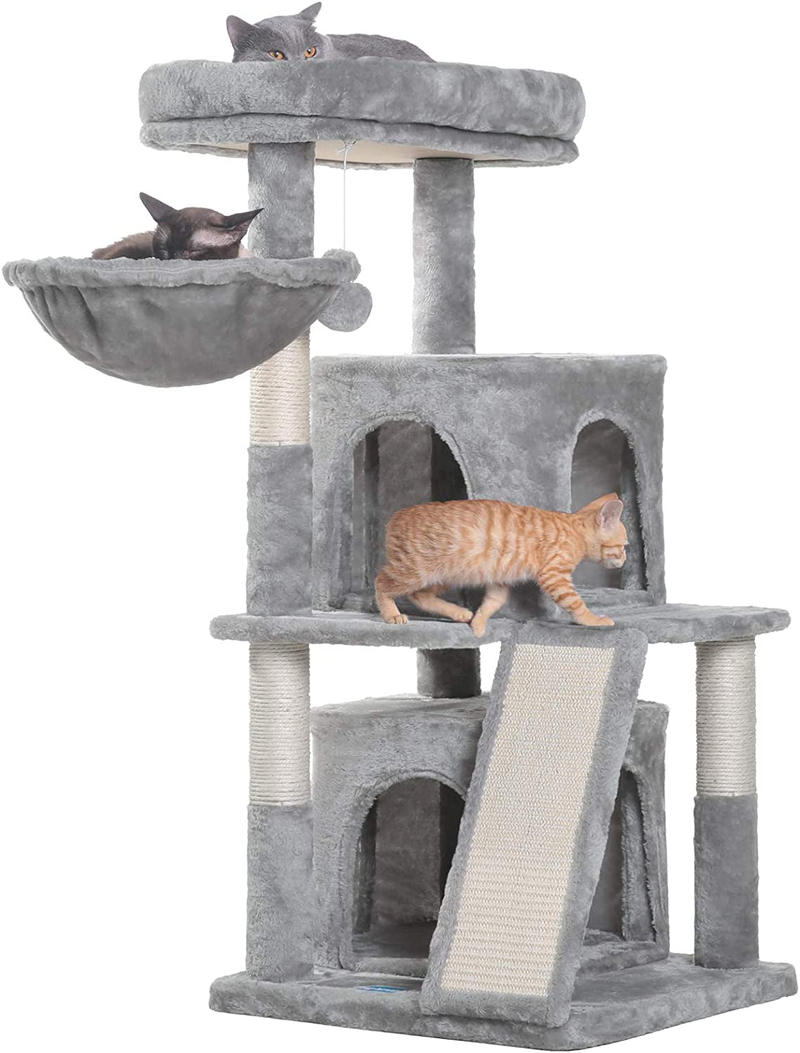 Hey-brother 41.34 inches Cat Tree with Scratching Board, 2 Luxury Condos, Cat Tower with Padded Plush Perch and Cozy Basket Animals & Pet Supplies > Pet Supplies > Cat Supplies > Cat Beds Hey-brother Light Gray  