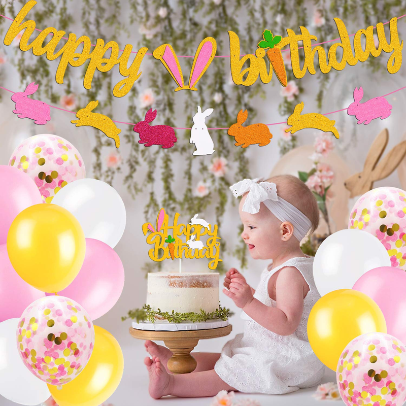 Easter Bunny Birthday Decorations Kit Rabbit Theme Happy Birthday Banner Cake Topper Pink Gold White Latex Balloons for Children Girl 1St 2Nd Bday Happy Easter Festival Spring Party Supplies Home & Garden > Decor > Seasonal & Holiday Decorations Ohiviaaa   