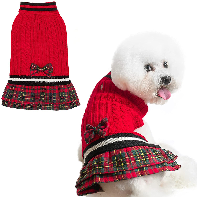 Dog Sweater Dress Plaid Dress with Bowtie - Dog Turtleneck Pullover Knitwear Cold Weather Sweater with Leash Hole, Suitable for Small Medium Dogs Puppies Animals & Pet Supplies > Pet Supplies > Dog Supplies > Dog Apparel PAWCHIE red Small 