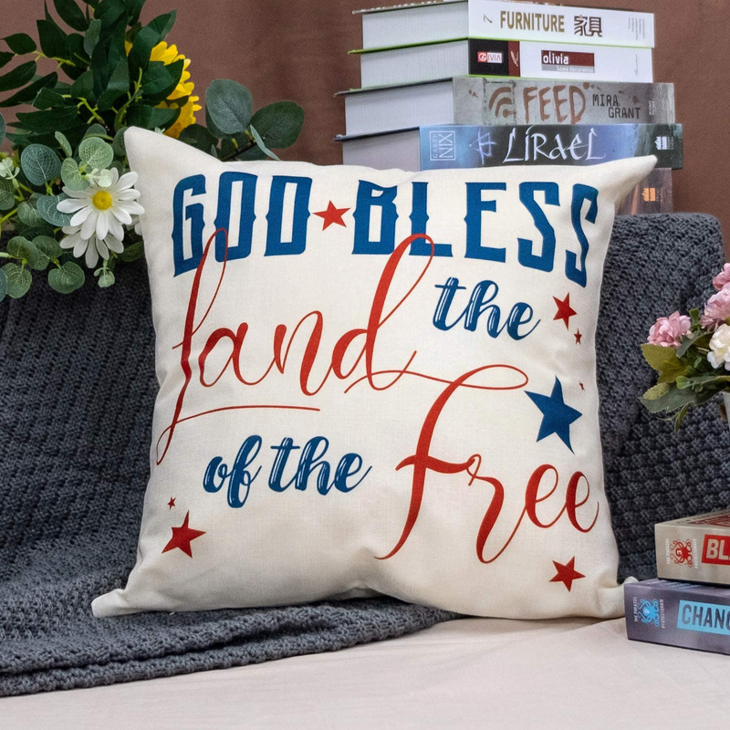 Patriotic Pillow Covers 4th of July Independence Day American Map Stars Blessed Red and Blue Buffalo Check Quote Rustic Bedroom Decor Cushion Covers Linen Decorative Square Set of 4 18x18 inch Home & Garden > Decor > Chair & Sofa Cushions Doublucky   