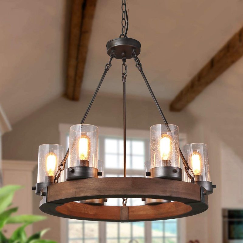 GEPOW Farmhouse Wood Chandelier, Round Wagon Wheel Light Fixture with Seeded Glass Shades for Dining Room, Living Room, Bedroom, Kitchen Island and Foyer