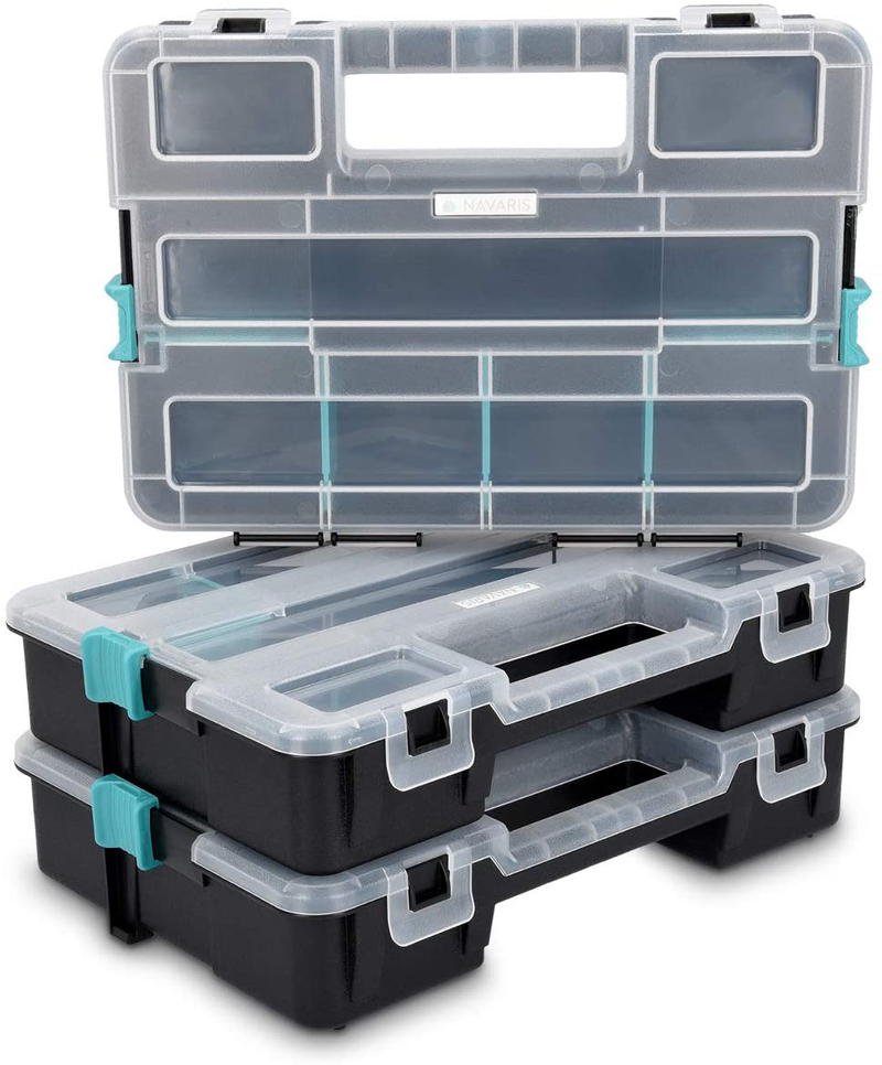 Navaris Plastic Storage Box - Stackable Organizer Case with Adjustable and Removable Divider Compartment for Tools, Small Items, Jewelry - 3 Boxes
