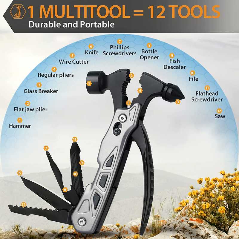 Hammer Multitool Gifts for Men Women Stocking Stuffers Christmas, Survival Gear and Equipment 12 in 1 Car Emergency Escape Tool, Pocket Cool Gadgets for Camping Accessories Fishing Hiking Household Sporting Goods > Outdoor Recreation > Camping & Hiking > Camping Tools CRANACH   