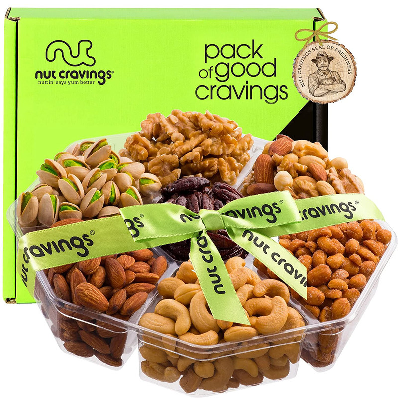 Nuts Gift Basket + Green Ribbon (7 Piece Set, 1.8 LB) Valetines Day 2022 Idea Food Arrangement Platter, Birthday Care Package Variety, Healthy Tray, Kosher Snack Box for Adults Women Men Prime Home & Garden > Decor > Seasonal & Holiday Decorations Nut Cravings C - Extra-Large (2.3 LB)  