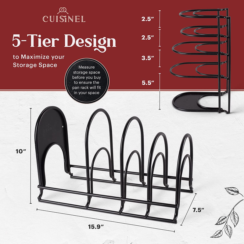 Pan Organizer Rack - 100-LBS Capacity Extremely Heavy Duty - 8Mm Thick - Matte-Black 15.9"-Tall 5-Tier Space-Saving Kitchen Counter/Cabinet Storage for Cast Iron Dutch Oven, Skillets, Pots, Dish, Plate Home & Garden > Kitchen & Dining > Food Storage cuisinel   
