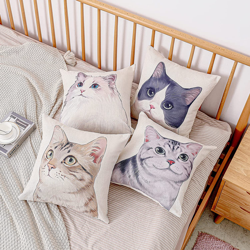 FURUIE Throw Pillow Covers 18 X 18 Inches, Cute Decorative Cartoon Linen Cotton Pillow Cushion Covers for Couch Sofa Bed Chair Car, Pillowcases Set of 4 (Cat)