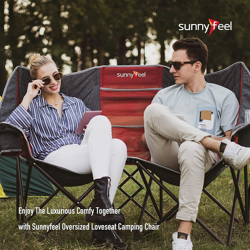 Sunnyfeel Double Folding Camping Chair, Portable Oversized Loveseat Chair, Foldable Lawn Chairs with Storage for Indoor/Outdoor/Fishing/Picnic, Fold up Camp Chair for Adults Heavy Duty 2 Person Sporting Goods > Outdoor Recreation > Camping & Hiking > Camp Furniture SUNNYFEEL   