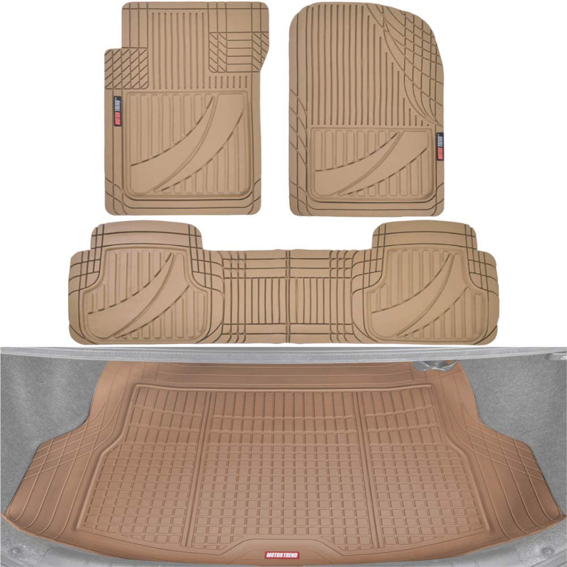 Motor Trend FlexTough Advanced Black Rubber Car Floor Mats with Cargo Liner Full Set – Front & Rear Combo Trim to Fit Floor Mats for Cars Truck Van SUV, All Weather Automotive Floor Liners Vehicles & Parts > Vehicle Parts & Accessories > Motor Vehicle Parts > Motor Vehicle Seating Motor Trend Beige  