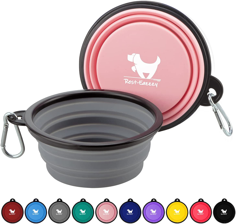 Rest-Eazzzy Expandable Dog Bowls for Travel, 2-Pack Dog Portable Water Bowl for Dogs Cats Pet Foldable Feeding Watering Dish for Traveling Camping Walking with 2 Carabiners, BPA Free  Rest-Eazzzy grey&pink S 