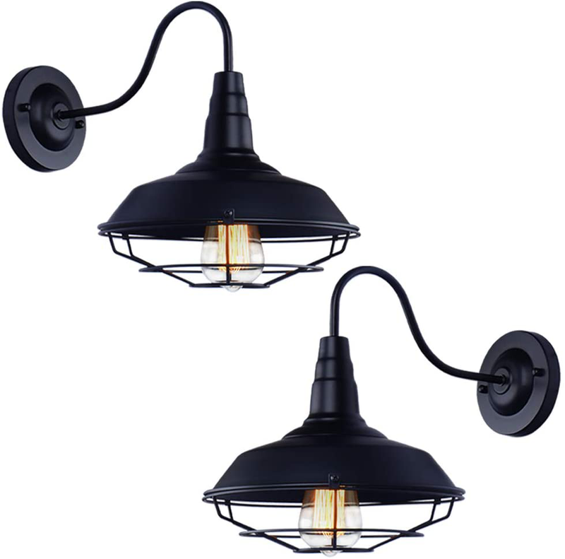 PUMING Wall Sconces Industrial Black Caged Gooseneck Wall Lamps Modern Vintage Wall Light Fixtures for Porch Barn Warehouse Farmhouse Hallway Bathroom Bedroom，Set of Two