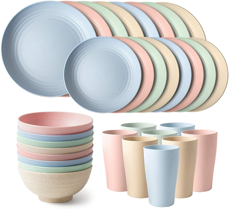 Teivio 24-Piece Kitchen Wheat Straw Dinnerware Set, Dinner Plates, Dessert Plate, Cereal Bowls, Cups, Unbreakable Plastic Outdoor Camping Dishes (Service for 6 (24 piece), Multicolor) Home & Garden > Kitchen & Dining > Tableware > Dinnerware Teivio Multicolor Service for 8 (32pcs) 