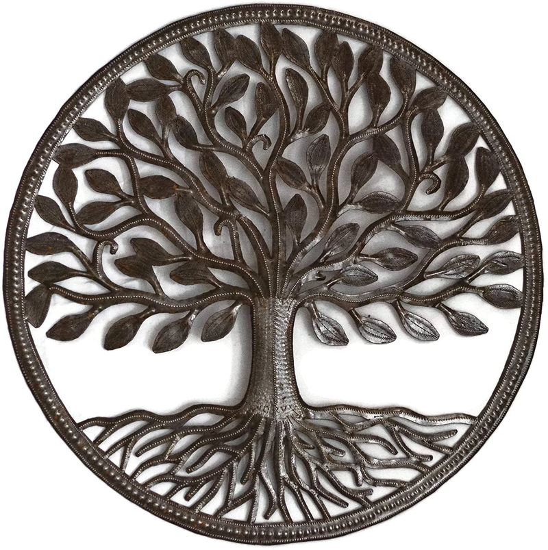 Organic Tree of Life Decorative Wall Hanging Artwork, 23 Inch Round Metal Sculpture, Handmade in Haiti from Recycled Steel Barrels, Fair Trade Federation Certified Home & Garden > Decor > Artwork > Sculptures & Statues It's Cactus Default Title  