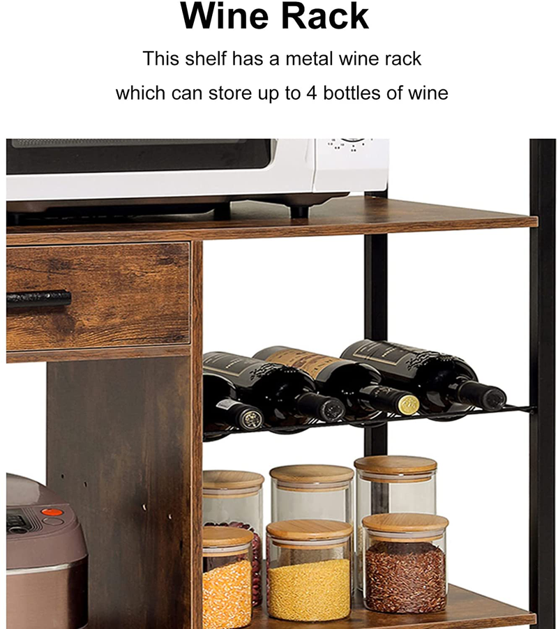 IWELL Microwave Oven Stand, Coffee Bar Table with Wine Rack & Drawer, Industrial Kitchen Baker'S Rack with Storage, Utility Storage Shelf for Spice Rack Organizer Workstation, Brown Home & Garden > Kitchen & Dining > Food Storage Iwell   