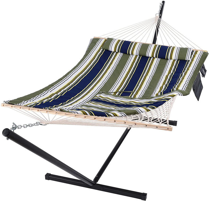 SUNCREAT Outdoor Double Hammock with Stand, Two Person Cotton Rope Hammock with Polyester Pad, Circle Pattern Home & Garden > Lawn & Garden > Outdoor Living > Hammocks SUNCREAT Blue& Gray  