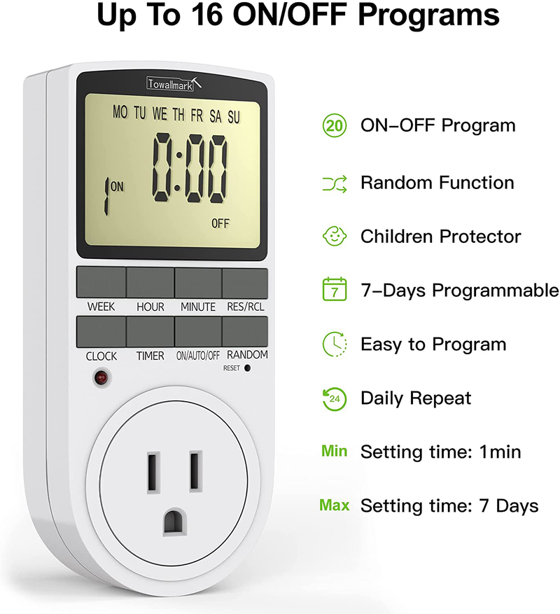 Digital Timer Outlet, Indoor Plug-in Electric Timer for Electrical Outlets15A/1800W, Multifunctional 7-Day Cycle Programmable Timer with Countdown, 16 On/Off Programs and Extra Large LCD Display Home & Garden > Lighting Accessories > Lighting Timers Towallmark   